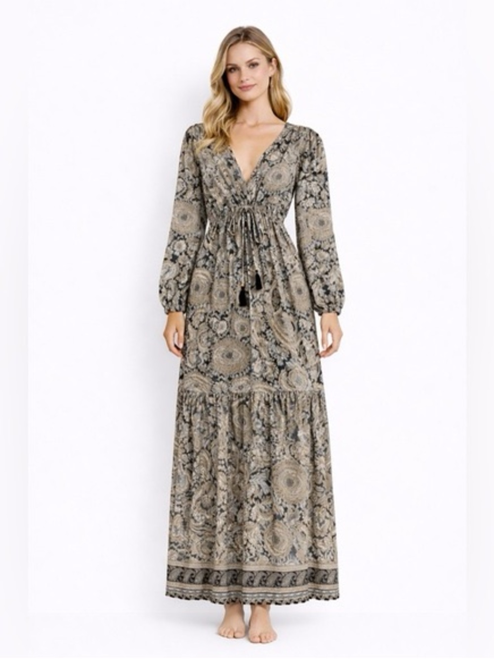 Boemo Anthropologie Tiered Maxi Dress Womens Large Beige Paisley Boho Tassel